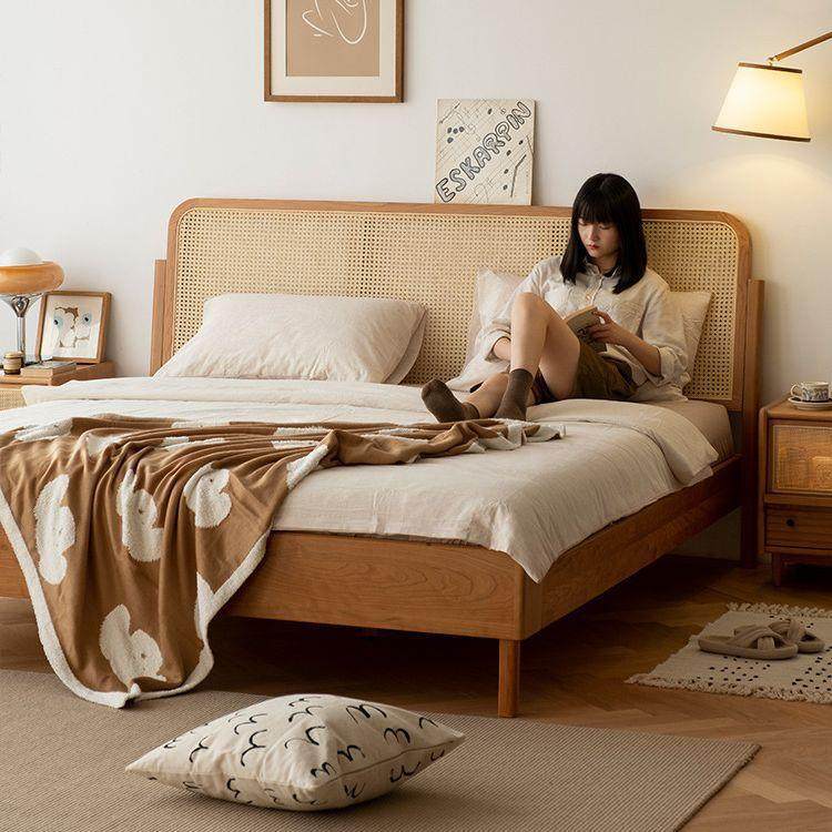 藤编实木床樱桃木日式家具北欧1.8双人床主卧1.5米复古床现代简约