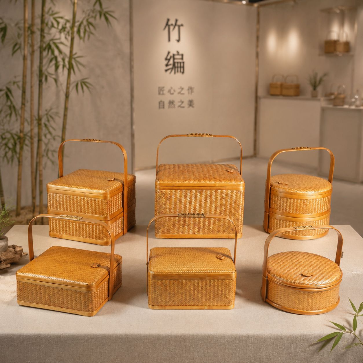 手工竹编藤编提篮中式食盒茶点盘茶具手提点心篮子竹篮收纳筐