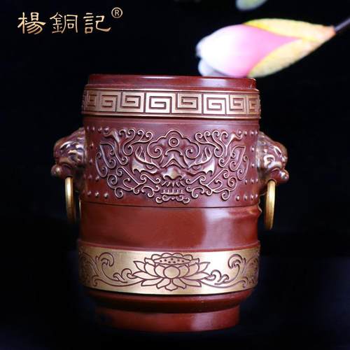 杨铜记铜器复古桌面办公摆件铜笔筒狮头莲花笔筒笔筒