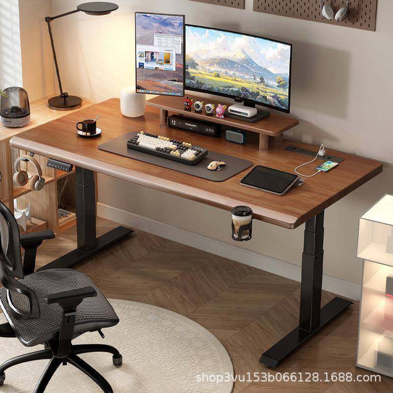 纯实木橡胶木电动升降桌可移动家用办公游戏儿童学习电竞电脑桌