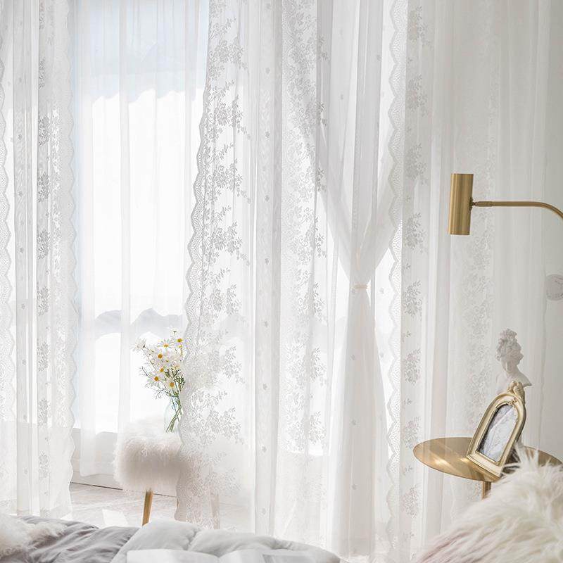 网红少女白色蕾丝纱帘透光不透人双层公主风卧室飘窗窗帘门帘