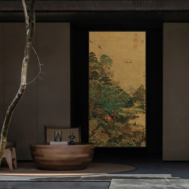江帆楼阁图新中式玄关挂画竖版青绿金碧山水画走廊过道茶室装饰画