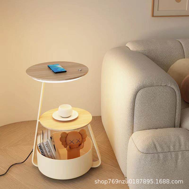 奶油风卧室床头柜台灯一体现代简约客厅沙发边几小户型原木落地灯