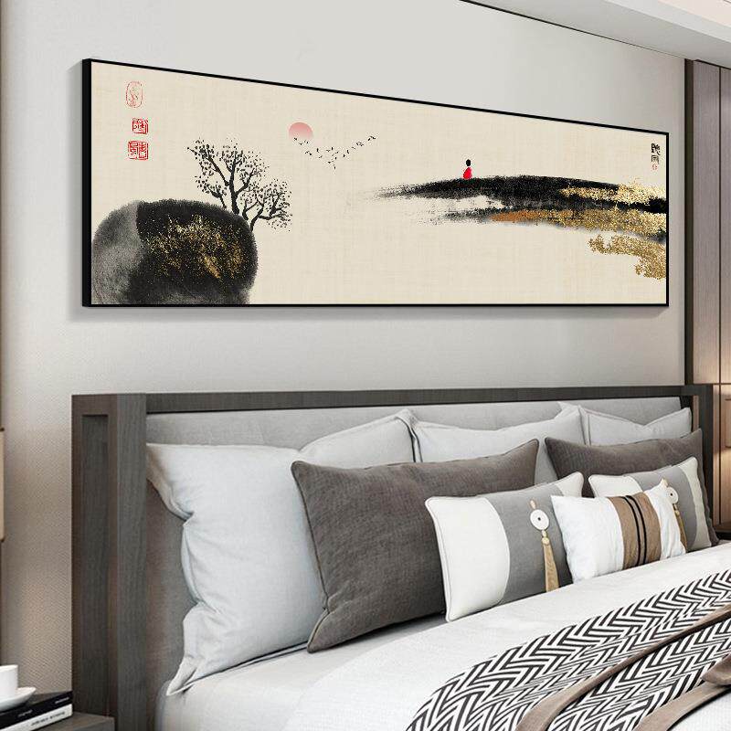新中式装饰画卧室床头挂画水墨山水画中国风横版民宿酒店房间壁画