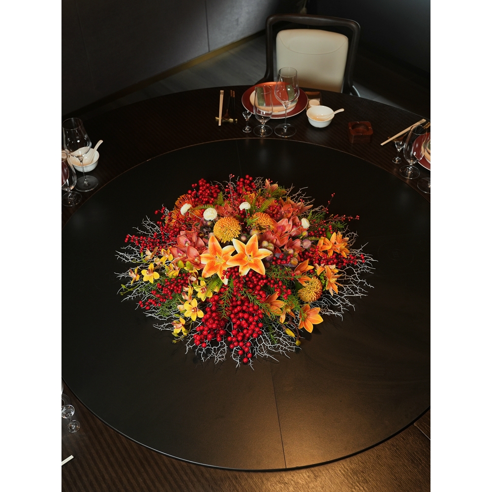 酒店大圆桌摆花新中式花艺餐厅包厢餐桌中心摆件仿真花装饰花假花