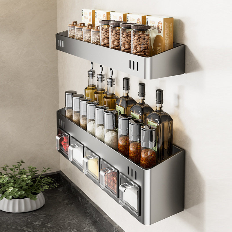 枪灰厨房置物架免打孔多功能壁挂式多层调味品组合调料盒收纳架子,厨房/烹饪用具,调料置物架,淘宝优惠券,粉丝福利购,淘宝优惠卷