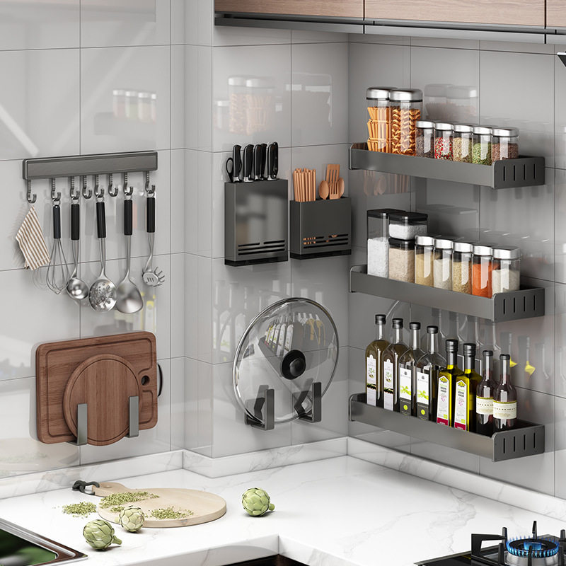 枪灰厨房置物架免打孔调味料架壁挂刀架家用用品大全多功能收纳架,厨房/烹饪用具,抹布架/厨房清洁收纳架,淘宝优惠券,粉丝福利购,淘宝优惠卷
