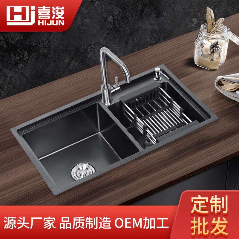 厂家现货一体成型厨房手工双盆8245T边 304不锈钢水槽双槽