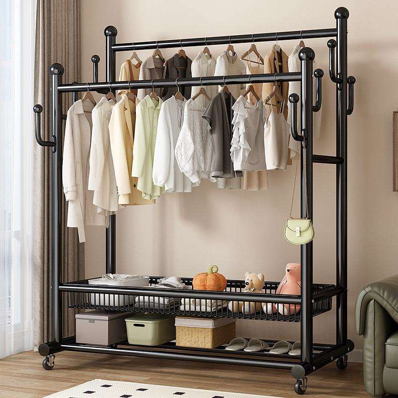 挂衣架落地卧室家用房间室内双杆晾晒衣服架子可移动多功能衣帽架