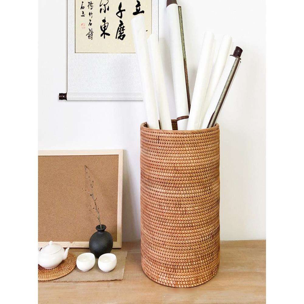 xyt藤编书画收纳筐整理箱编织高款字画收纳缸中式书法卷轴筒桶脏