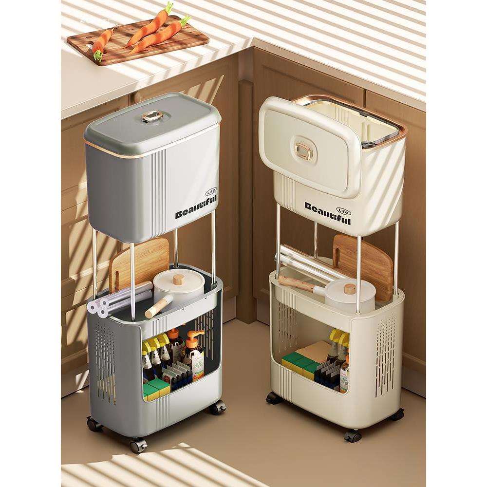 厨房垃圾桶家用带盖干湿分离免弯腰可移动带轮子厨余收纳桶置物架