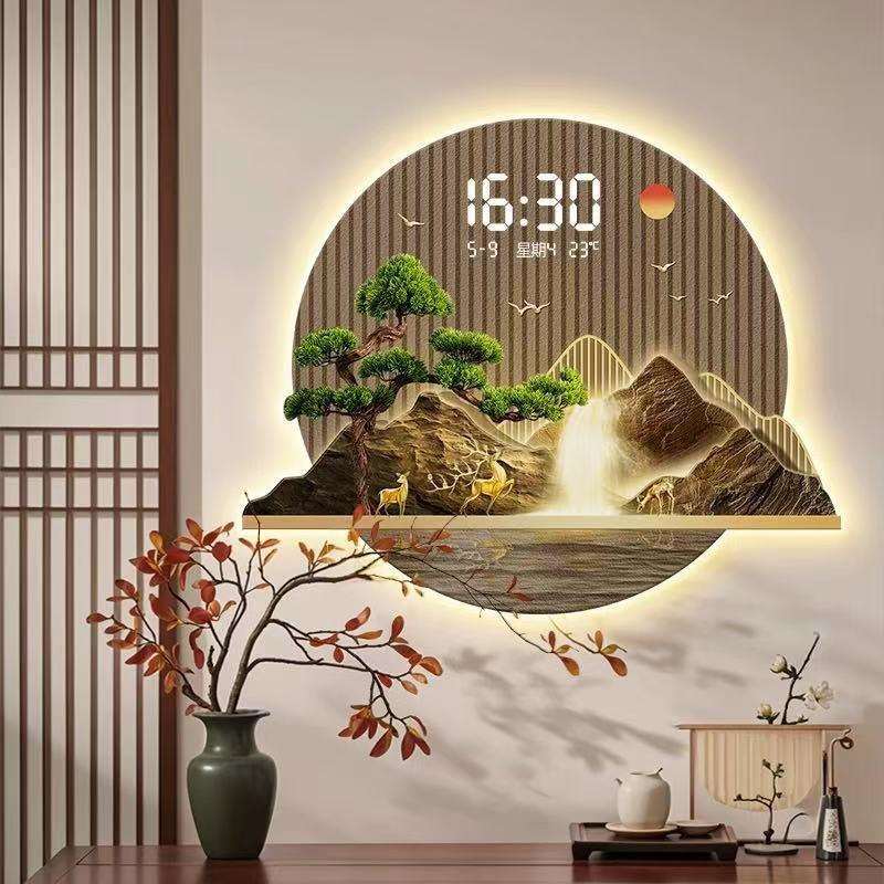 高级感精雕数显LED带灯电子钟壁画 装饰画客厅入户玄关迎客松挂画