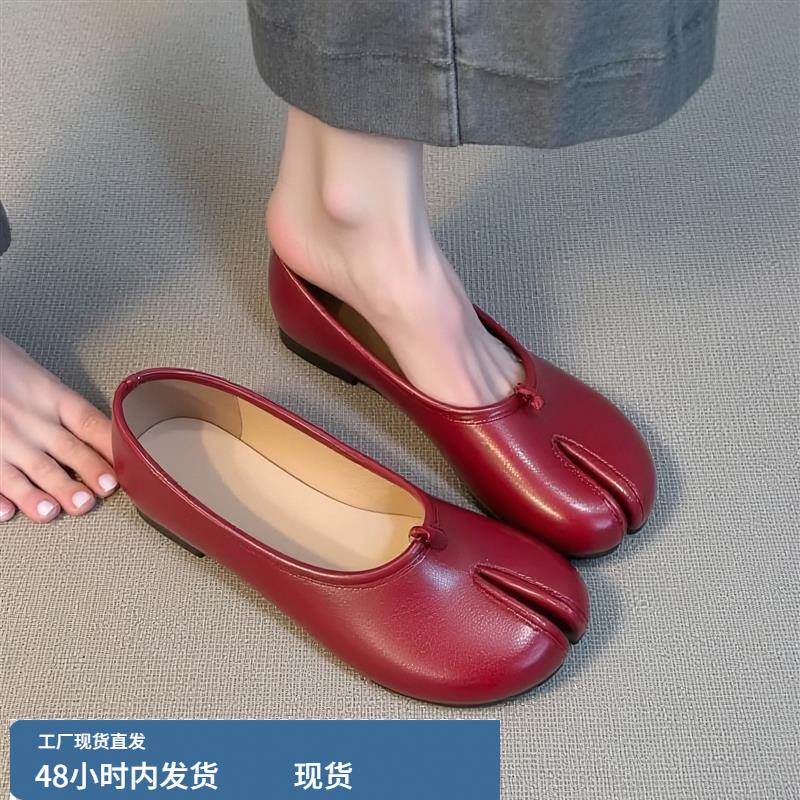 真皮红色浅口猪蹄鞋女款春季绝美配裙子仙女风小红鞋分趾软底单鞋图片