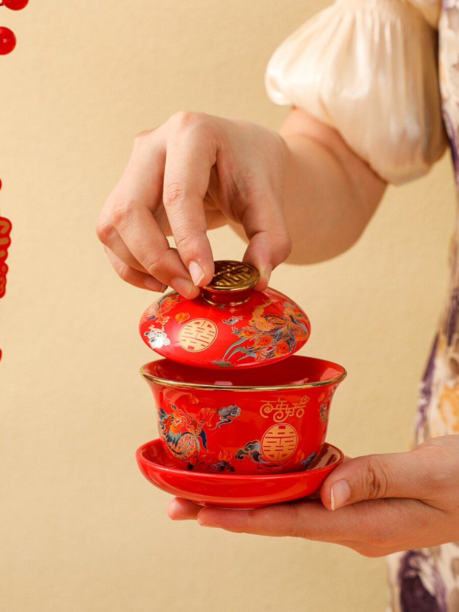 结婚敬茶杯子碗筷套装礼盒改口陪嫁红色茶具敬酒喜碗一对婚庆用品