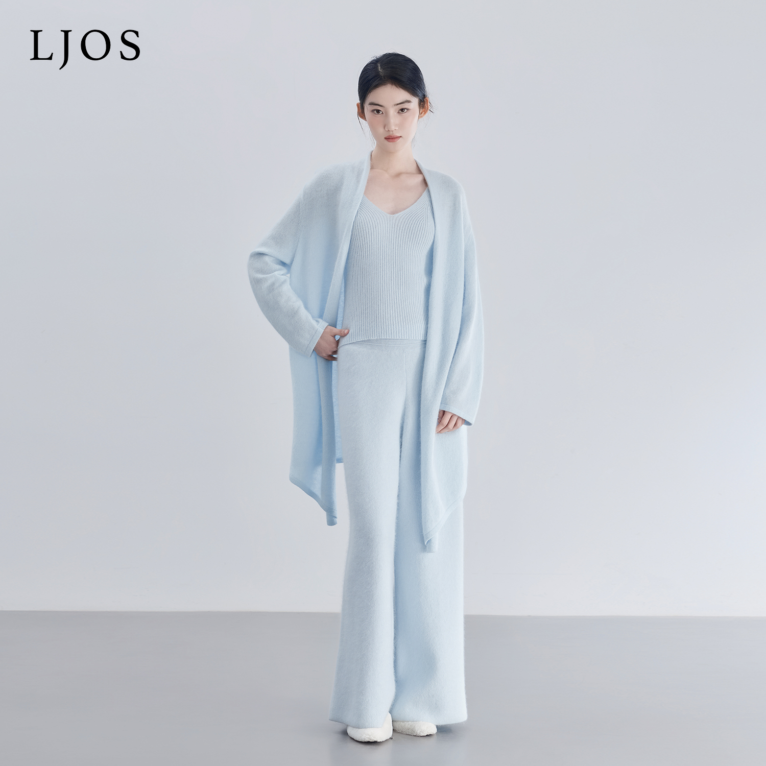 LJOS | 月光蓝温柔羊毛开衫羊毛背心羊毛长裤2025冬三件套装