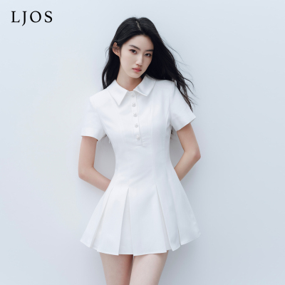 LJOS | 浮云白珍珠钻扣百褶连衣裙短裤套装2026早春新品白色