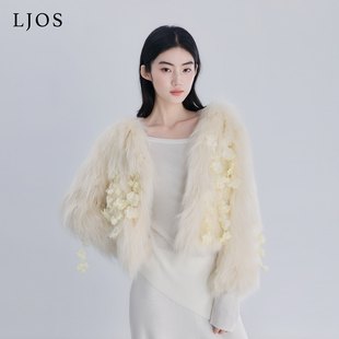 【孙乐言同款】LJOS琥珀琉璃黄花朵装饰貉子毛皮草2025冬
