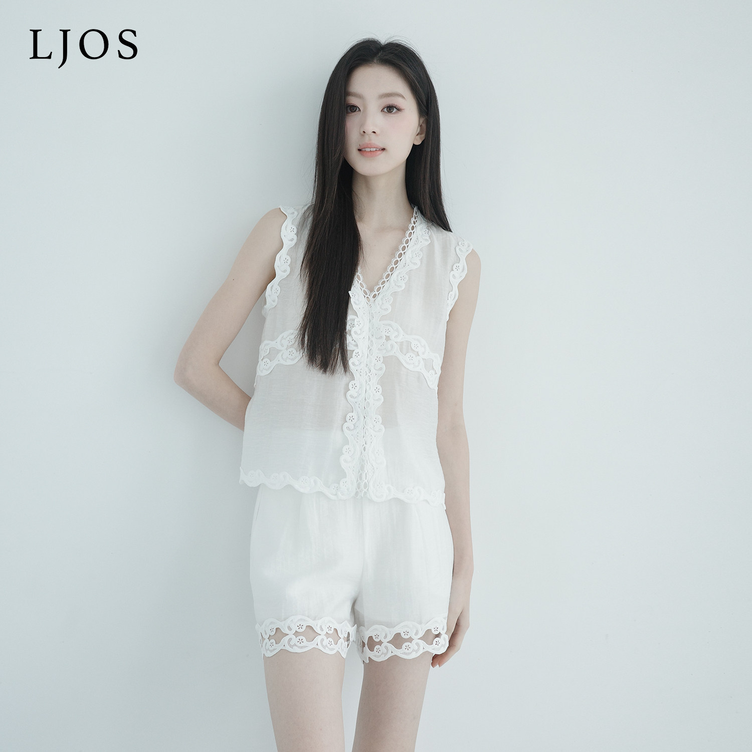 LJOS |浪花白天丝亚麻刺绣花边无袖背心短裤2026夏季新品白色套装