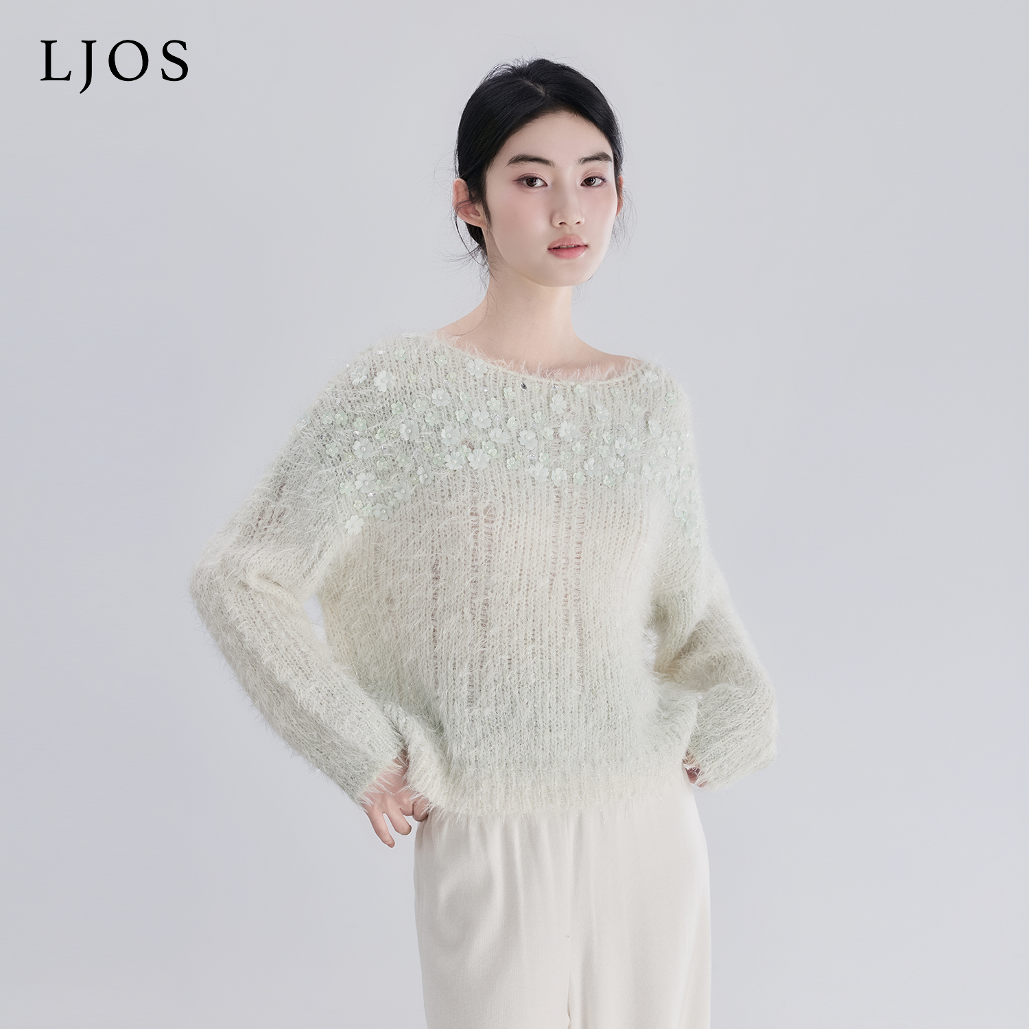 【吃吃孙涵清同款】LJOS琉璃绿定制染色花朵针织衫2025冬女毛衣