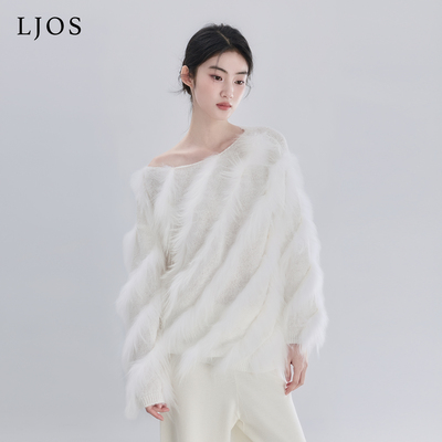 【孙乐言同款】LJOS冰川白狐狸毛拼接针织衫2025冬蓬松白色毛衣