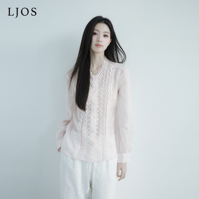 LJOS |淡粉色海浪刺绣装饰苎麻衬衫2026夏季新品粉色长袖上衣