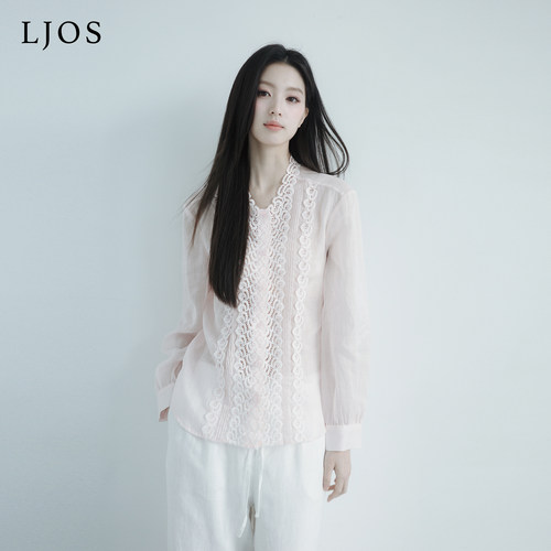 LJOS |淡粉色海浪刺绣装饰苎麻衬衫2026夏季新品粉色长袖上衣