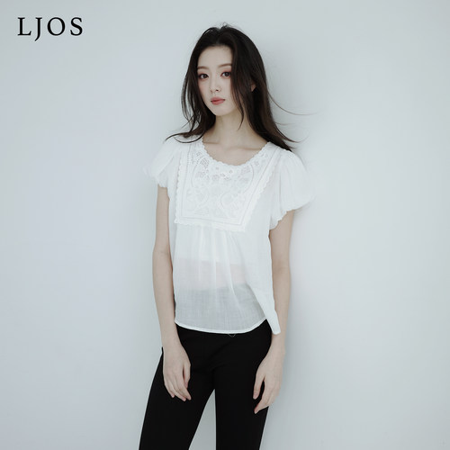 LJOS｜山茶花白重工刺绣苎麻衬衫显瘦白色短袖上衣通勤高级感气质