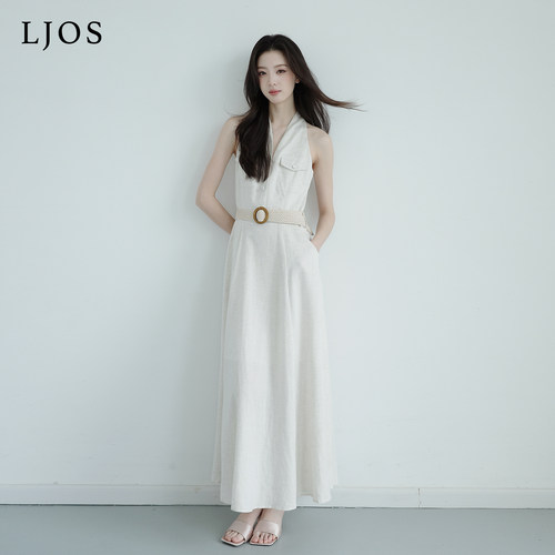 LJOS | 原麻色肌理天丝亚麻口袋挂脖连衣裙RL老钱风气质优雅显瘦
