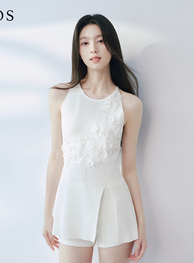 LJOS「闻花落」瓷白色法式蕾丝装饰针织背心2025夏开叉上衣
