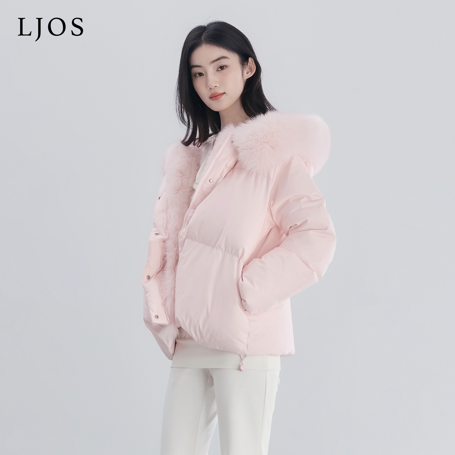 LJOS蔷薇粉色狐狸毛拼接高克重羽绒服白鸭绒秋冬毛领短款外套保暖