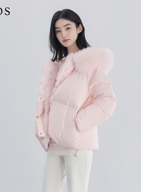 LJOS蔷薇粉色狐狸毛拼接高克重羽绒服白鸭绒秋冬毛领短款外套保暖