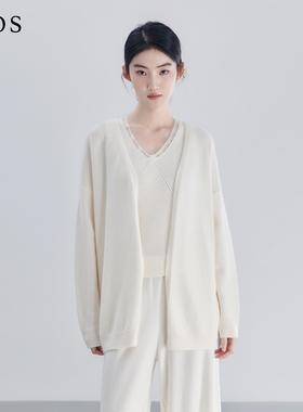 LJOS | 月光白羊绒简约开衫羊绒温柔蕾丝背心2025冬白色两件套装