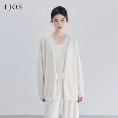 LJOS | 月光白羊绒简约开衫羊绒温柔蕾丝背心2025冬白色两件套装