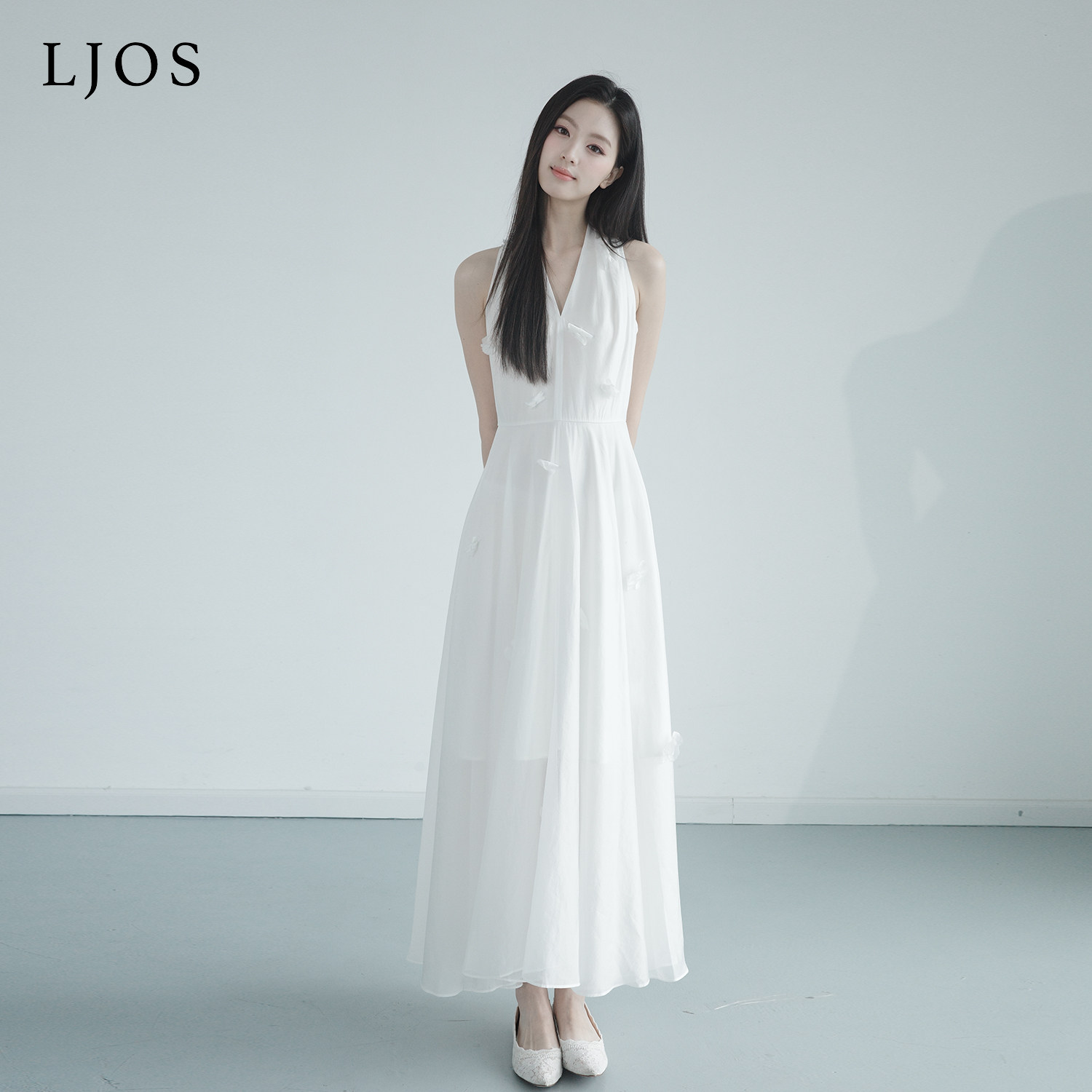 【孙乐言同款】LJOS | 玉山白落花挂脖人丝欧根纱连衣裙2026夏季