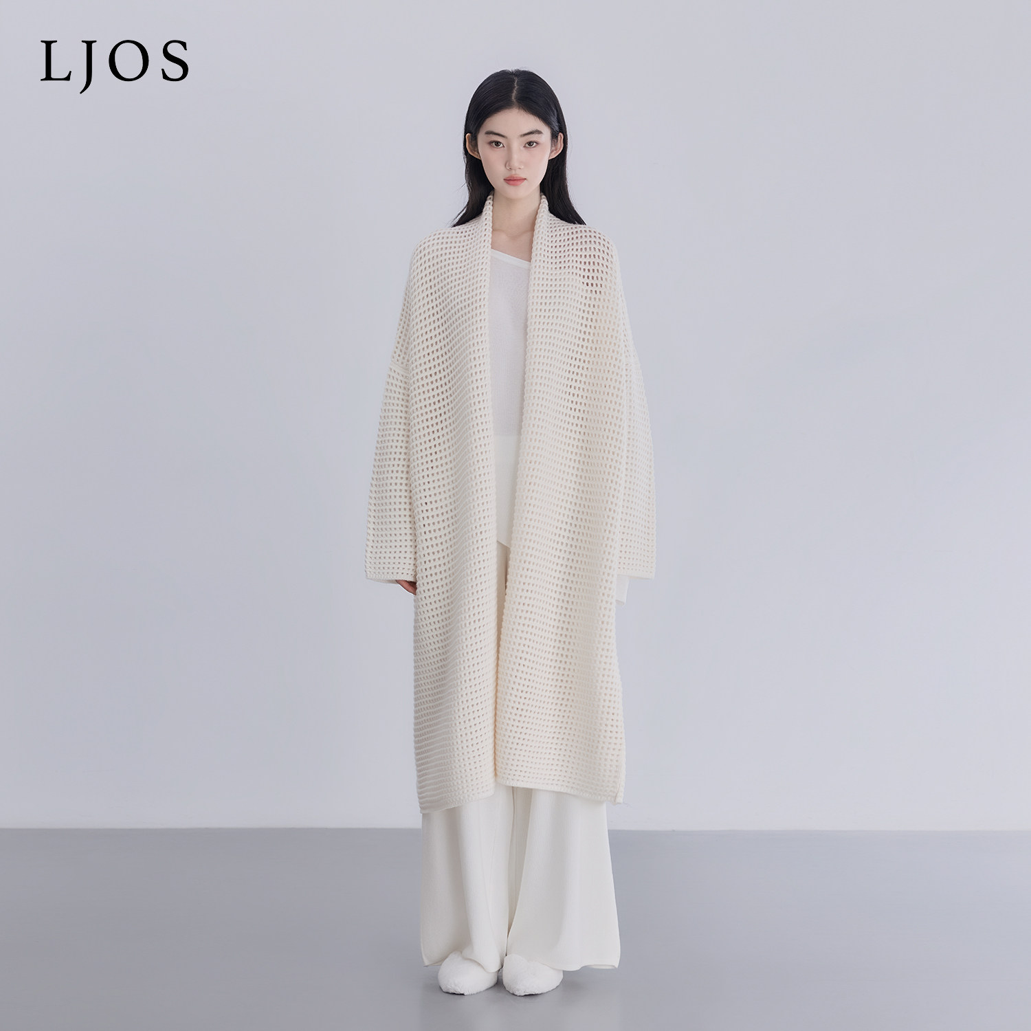 LJOS | 奶油华夫格高克重全羊毛长开衫2025冬杏色长款羊毛外套