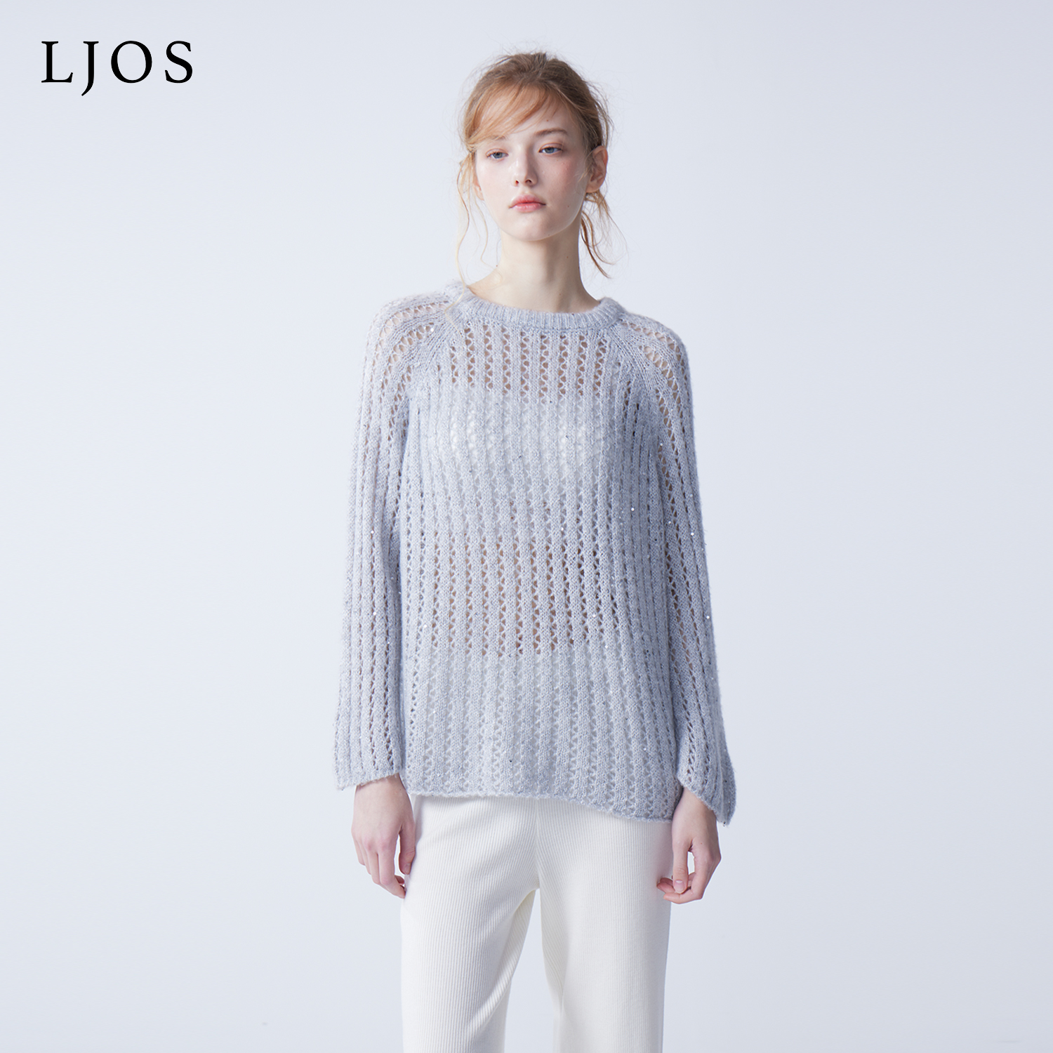 LJOS｜银灰雨落镂空钩织绑带亮片羊绒毛衣2025早秋灰色长袖针织衫