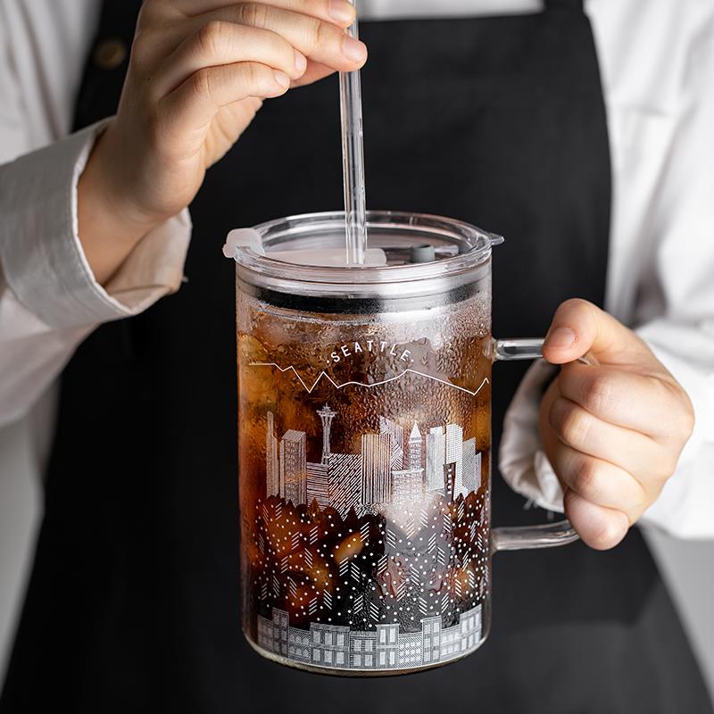 玻璃杯水杯夏季女男士吸管杯特大号茶杯1000ml吨吨桶办公室咖啡杯