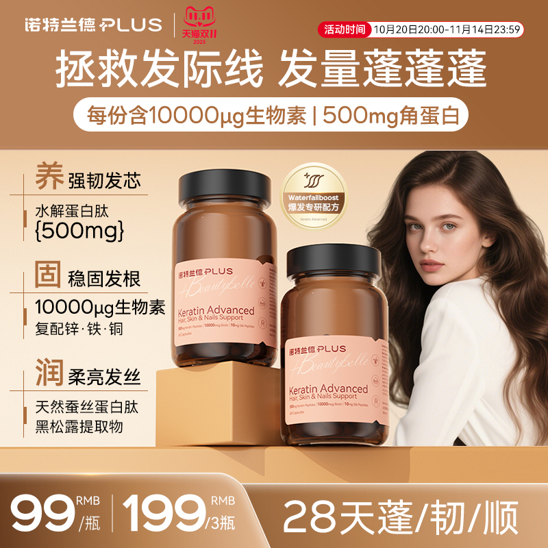诺特兰德 角蛋白胶囊口服厚发肽生物素天然蚕丝蛋白肽发肤甲60粒
