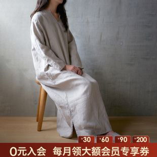 女夏宽松透气家居服外穿休闲 work纯色亚麻睡衣长款 linen 日本Fog