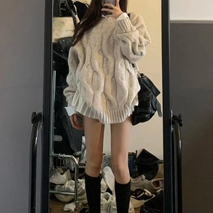 宽松外穿慵懒风粗毛线加厚针织衫 杏色麻花毛衣g女秋冬2024新款 上