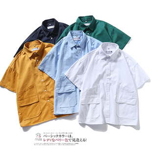 中性情侣款 衬衫 休闲上衣外套夏 衬衣复古明线短袖 日系潮流宽松工装