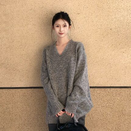 美式复古高级感针织宽松外穿V领上衣秋冬灰色新款慵懒Z风毛衣女厚