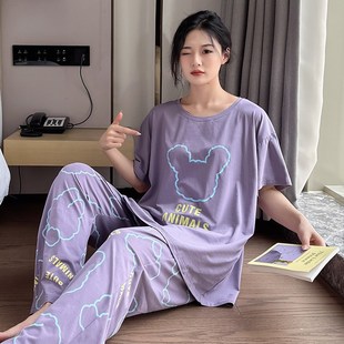 睡衣 短袖 大码 纯棉家居服 长裤 夏可外穿胖MM女200斤加肥加大薄款