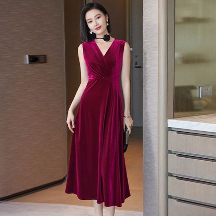高级感酒红色加厚j无袖连衣裙女秋冬2024正式场合气质纯色西装裙