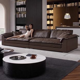 意式全青皮真皮沙发高端豪华别墅E客厅直排沙发欧式咖色轻奢沙发