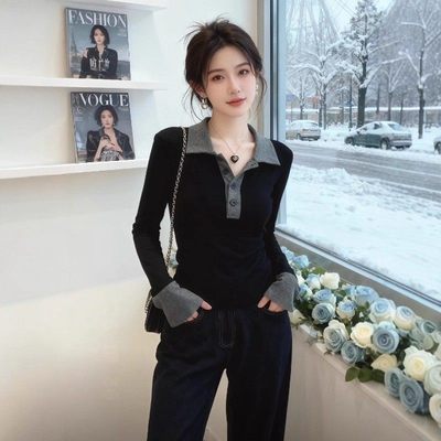 黑色polo领长袖t恤女秋冬