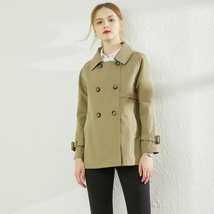 小个子时尚短款风衣女2021秋季新款浅豆绿色韩版休闲款双排扣外套