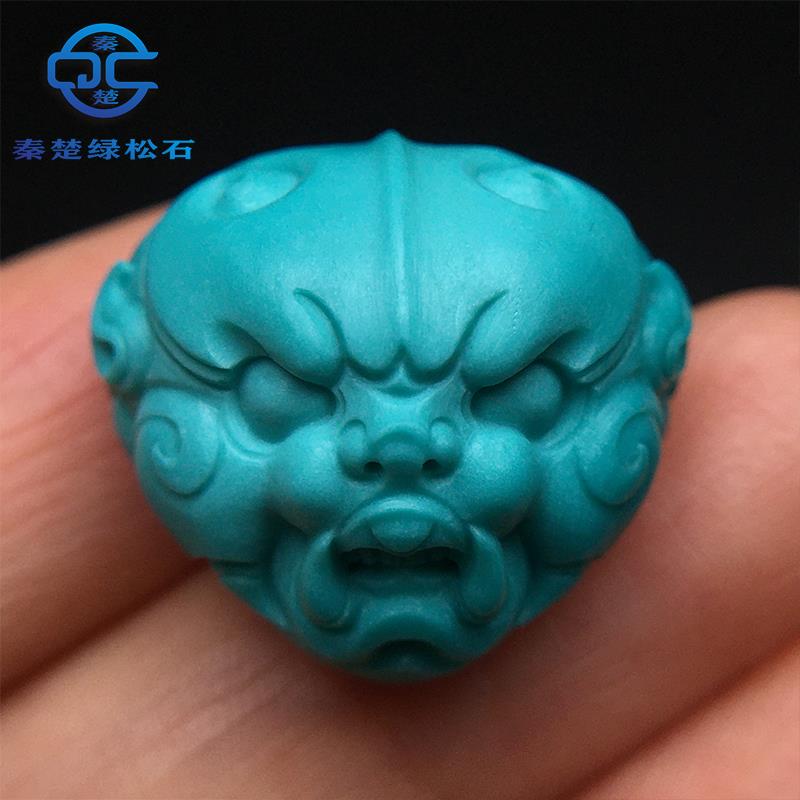 湖北原矿绿松石兽面背云散珠手串手链高瓷高绿雕刻件顶珠配珠配饰