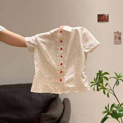 红色波点poIo领正肩短袖纽扣衬衫女2026夏木耳边掐腰显瘦翻领上衣