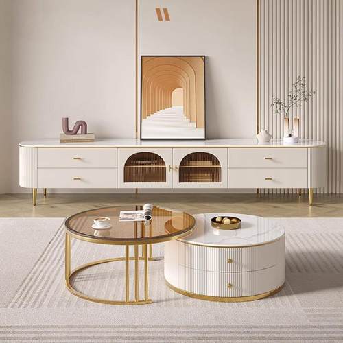 PC现货供应岩板茶几电视柜客厅家用简约现代高级感钢化玻璃圆形茶